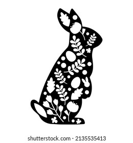 Happy Easter vector illustration, handwritten lettering. Cute Rabbit character, eggs, leafes, flowers. For paper and fabric, Social media, online marketing.
