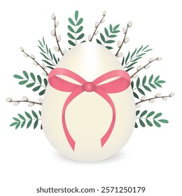 Happy Easter. Vector illustration with the image of an egg with a bow, willow branches for greeting cards, gift decoration, invitations