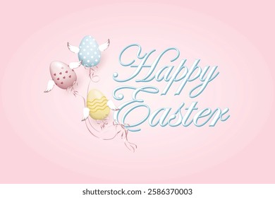 Happy Easter Vector illustration, Happy Easter inscription with flying winged Easter eggs attached to the inscription on a pink background
