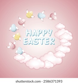 Happy Easter Vector illustration, Happy Easter inscription in the circle of flying winged easter eggs and pink clouds on pink background