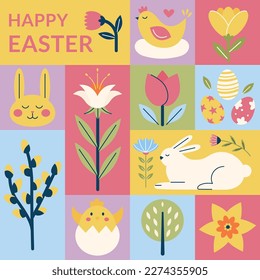 Happy easter vector illustration in minimalistic geometric style. An Easter card concept with shapes bunny, eggs, chicken, chick and flowers. Perfect for a social media post, poster, cover or postcard