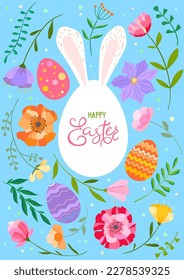 Happy Easter vector illustration on blue background. Trendy Easter design with typography, flowers, eggs in soft colors for banner, poster, greeting card.