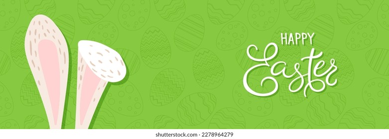 Happy Easter vector illustration on green background. Trendy Easter design with typography, eggs and bunny ears in soft colors for banner, poster, greeting card.