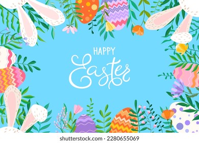 Happy Easter vector illustration on blue background. Trendy Easter design with typography, flowers, eggs and bunny ears in soft colors for banner, poster, greeting card