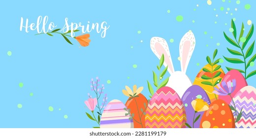 Happy Easter vector illustration on blue background. Trendy Easter design with typography, bunny, flowers in soft colors for banner, poster, greeting card