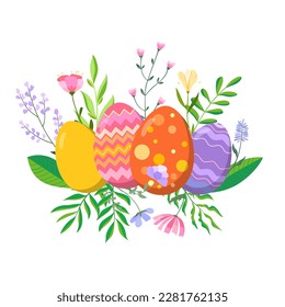 Happy Easter vector illustration on white background. Trendy Easter design with eggs and flowers in soft colors for banner, poster, greeting card