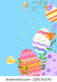 Happy Easter vector illustration on blue background. Trendy Easter design with eggs and flowers in soft colors for banner, poster, greeting card