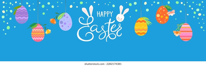 Happy Easter vector illustration on blue background. Trendy Easter design with typography, bunny, flowers and eggs in soft colors for banner, poster, greeting card.