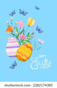 Happy Easter vector illustration on blue background. Trendy Easter design with typography, eggs, flowers and butterflies in soft colors for banner, poster, greeting card.