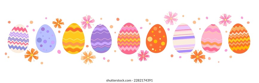 Happy Easter vector illustration on white background. Trendy Easter design with eggs and flowers in soft colors for banner, poster, greeting card.