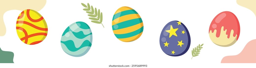 Happy Easter vector illustration on white background. Trendy Easter design with eggs and leaf in soft colors for banner, poster, greeting card