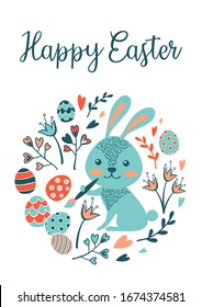 Happy Easter vector illustration. Rabbit is painting Easter eggs. Cute bunny on floral background. Greeting card.