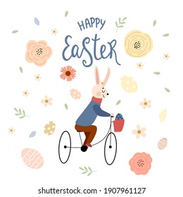Happy Easter. Vector illustration with Easter rabbit, eggs, and flowers.