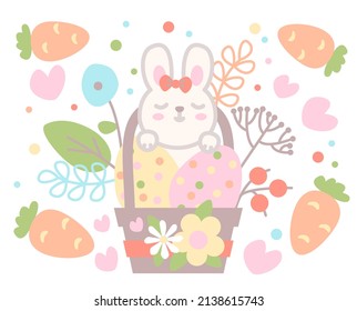 Happy Easter vector illustration with rabbit, bunny. Spring Easter design with rabbit, carrot, flower, heart. Cute design. Easter bunny