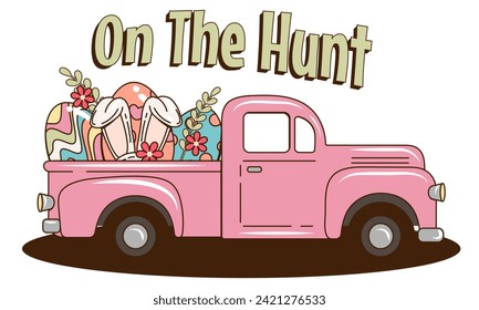 Happy Easter vector illustration in retro 60s, 70s groovy style with pink truck, Easter eggs and rabbit ears on a transparent background. Easter egg Hunt. Vintage sticker or print design.