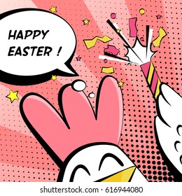 Happy Easter vector illustration with rooster and text cloud. Comics style.