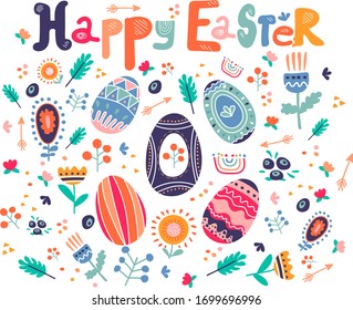 Happy Easter vector illustration set. Easter eggs, blueberries, flowers, spring, arrows and dots. Handwritten letters