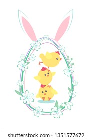 Happy Easter. Vector Illustration. Spring Holiday Concept. Flat Icons - Chicken, Rabbit, Flowers.