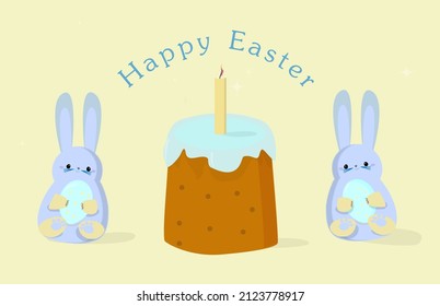 Happy Easter vector illustration with text and an image of two cute hares holding in their paws eggs and a cake with a candle 