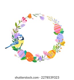 Happy Easter vector illustration. Trendy Easter design with wreath, eggs, bird and spring flowers in soft colors for banner, poster, greeting card.