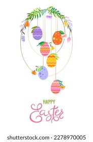 Happy Easter vector illustration. Trendy Easter design with typography, wreath, eggs and spring flowers in soft colors for banner, poster, greeting card