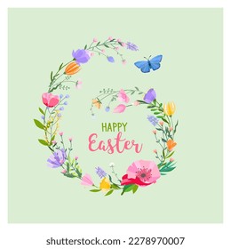 Imagen vector Happy Easter. Diseño de moda de Pascua con tipografía, corona, mariposas y flores de primavera en colores suaves para banner, afiche, tarjeta de saludo