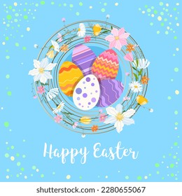 Imagen vector Happy Easter. Diseño de moda de Pascua con tipografía, corona, huevos y flores de primavera en colores suaves para banner, afiche, tarjeta de saludo