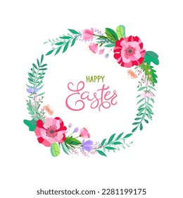 Imagen vector Happy Easter. Diseño de moda de Pascua con tipografía, flores de guirnalda y primavera en colores suaves para banner, afiche, tarjeta de saludo