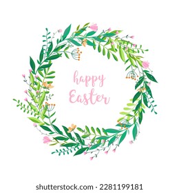 Imagen vector Happy Easter. Diseño de moda de Pascua con tipografía, flores de guirnalda y primavera en colores suaves para banner, afiche, tarjeta de saludo