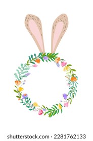 Happy Easter vector illustration. Trendy Easter design with wreath, bunny ears and spring flowers in soft colors for banner, poster, greeting card