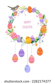 Happy Easter vector illustration. Trendy Easter design with typography, wreath, eggs, bird and spring flowers in soft colors for banner, poster, greeting card.