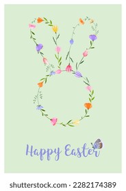 Happy Easter vector illustration. Trendy Easter design with typography, wreath, silhouette bunny and spring flowers in soft colors for banner, poster, greeting card.