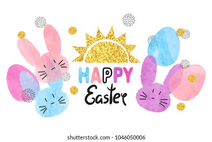 Happy Easter vector illustration with watercolor rabbits and eggs.