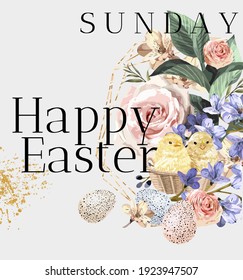 Happy Easter! Vector illustration of watercolor cute bunny, chick, flowers, plants and greeting frame. Pictures for poster, invitation, postcard or background