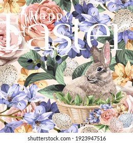 Happy Easter! Vector illustration watercolor cute bunny  chick  flowers  plants   greeting frame  Pictures for poster  invitation  postcard background