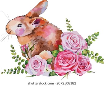 Happy Easter! Vector illustration of watercolor cute bunny, chick, flowers, plants and greeting frame. Pictures for poster, invitation, postcard or background

