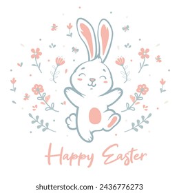 "Happy Easter". Vector illustration in watercolor style of adorable little rabbit on floral background.