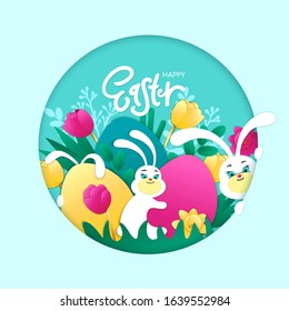 Happy Easter vector illustration with white hare, eggs and spring flowers. Colorful paper art composition for holiday card, invitation  