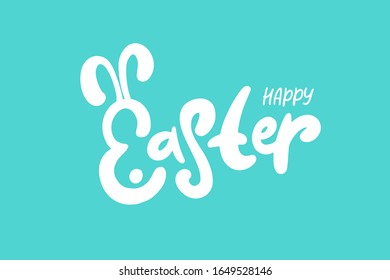 Happy Easter vector illustration with white hare and lettering. Composition for holiday card, invitation. 