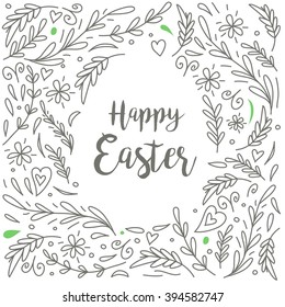 Happy Easter vector illustration. White silhouette of Easter egg on the hand drawing background made from leaves.