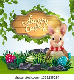 Happy Easter, vector illustration with wooden sign and Easter bunny with spring landscape