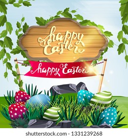 Happy Easter, vector illustration with wooden sign, Easter eggs and flag with spring landscape
