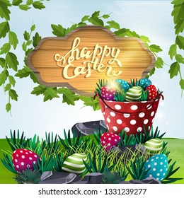 Happy Easter, vector illustration with wooden sign and bucket with Easter eggs with spring landscape