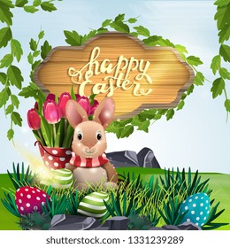 Happy Easter, vector illustration with wooden sign, Easter Bunny and tulips with spring landscape