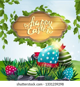 Happy Easter, vector illustration with wooden sign and Easter eggs with spring landscape