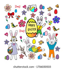 Happy easter vector illustration.Collection of easter rabbit in different poses with an egg in childish style