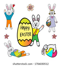 Happy easter vector illustration.Collection of easter rabbit in different poses with an egg in childish style