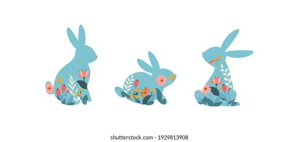 Happy Easter vector illustrations with blue bunnies, rabbits decorated with flowers on white background