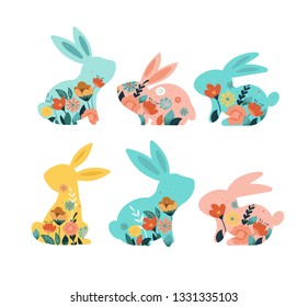 Happy Easter vector illustrations of bunnies, rabbits icons, decorated with flowers