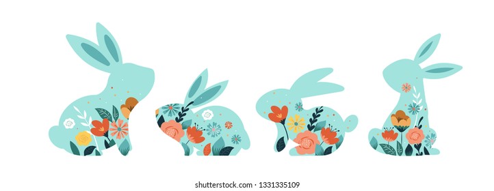 Happy Easter vector illustrations of bunnies, rabbits icons, decorated with flowers